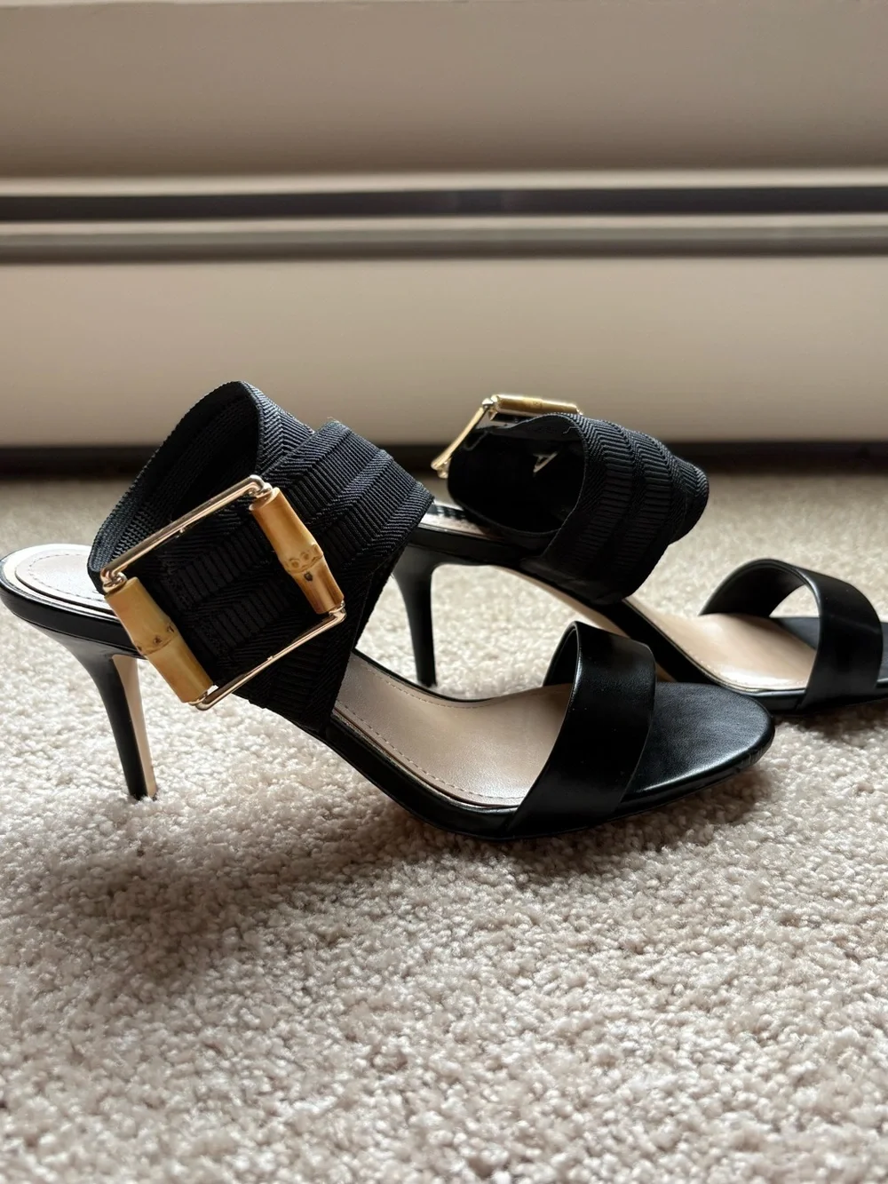 White House Black Market Black Open-Toe Heeled Sandals with Gold Buckle